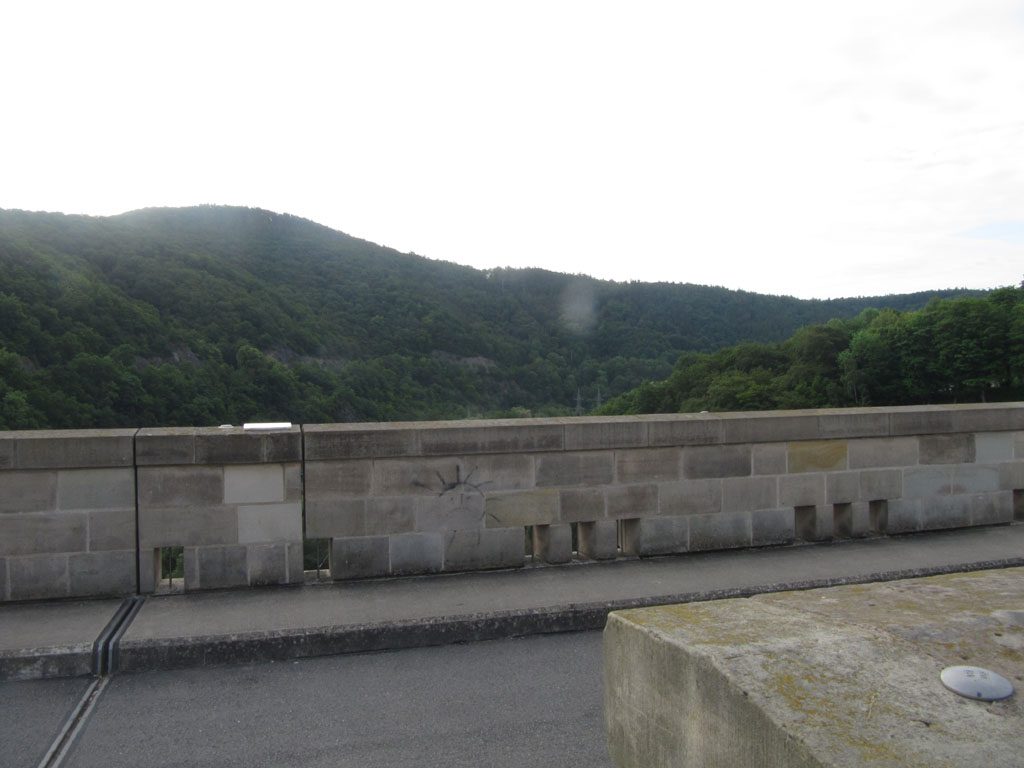 Looking over the dam at the wall of mountain they had to avoid whilst travelling at 240mph