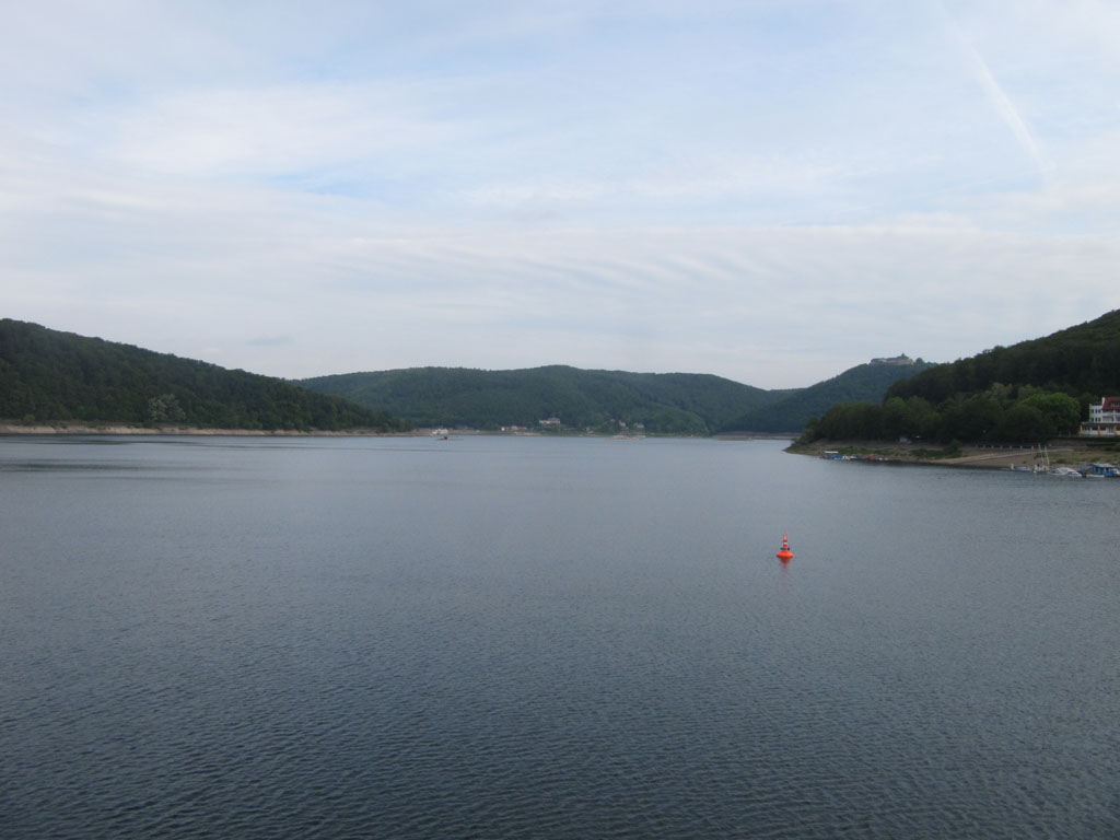 Looking along the Edersee from the dam towards the monastery