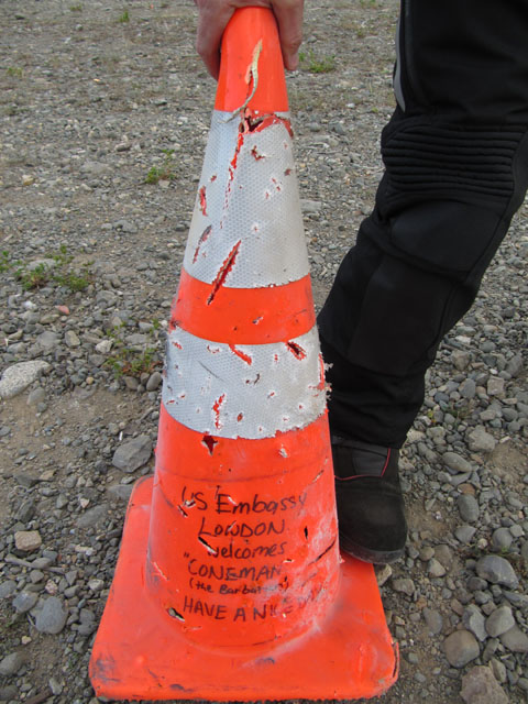 The traffic cone, only slightly damaged...