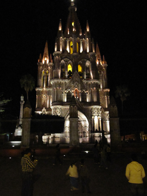 The church in the square in San Miguel de Allende at night