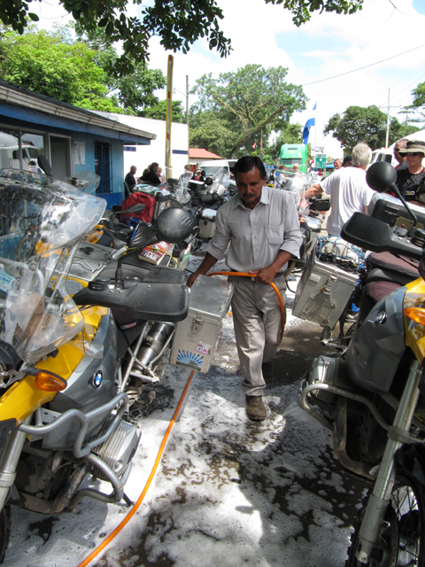 Fumigating the bikes before entering Costa Rica...