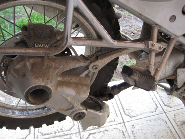 Ozzy Andy's bike  the swinging arm shattered by a rock...
