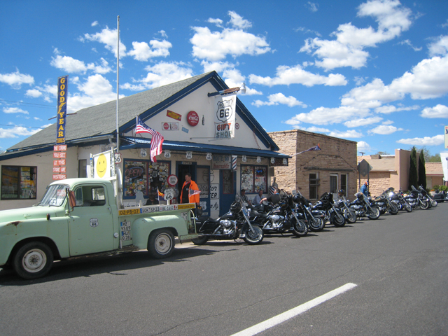 An alternative to the coach party on Route 66 – the Harley Davidson bikes lined up outside a cafe…